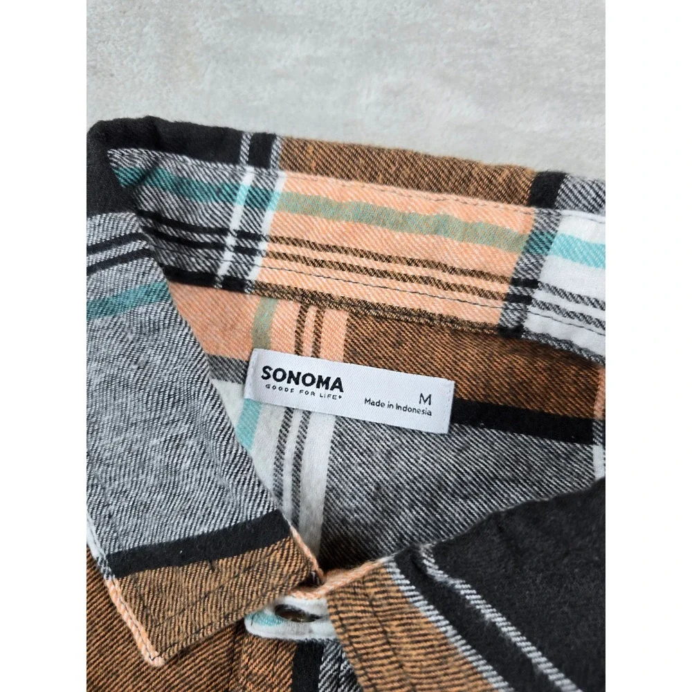 Sonoma Flannel Shirt Mens Medium Orange Brown Cotton Plaid The Supersoft Flannel
